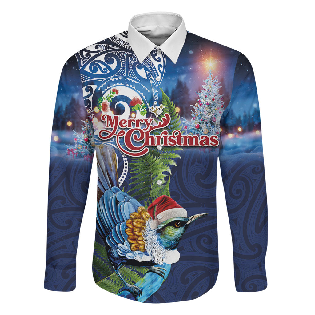 New Zealand Merry Christmas Family Matching Short Sleeve Bodycon Dress and Hawaiian Shirt Maori Tribal Pattern with Xmas Tui Bird LT03 Dad's Shirt - Long Sleeve Multicolor - Polynesian Pride