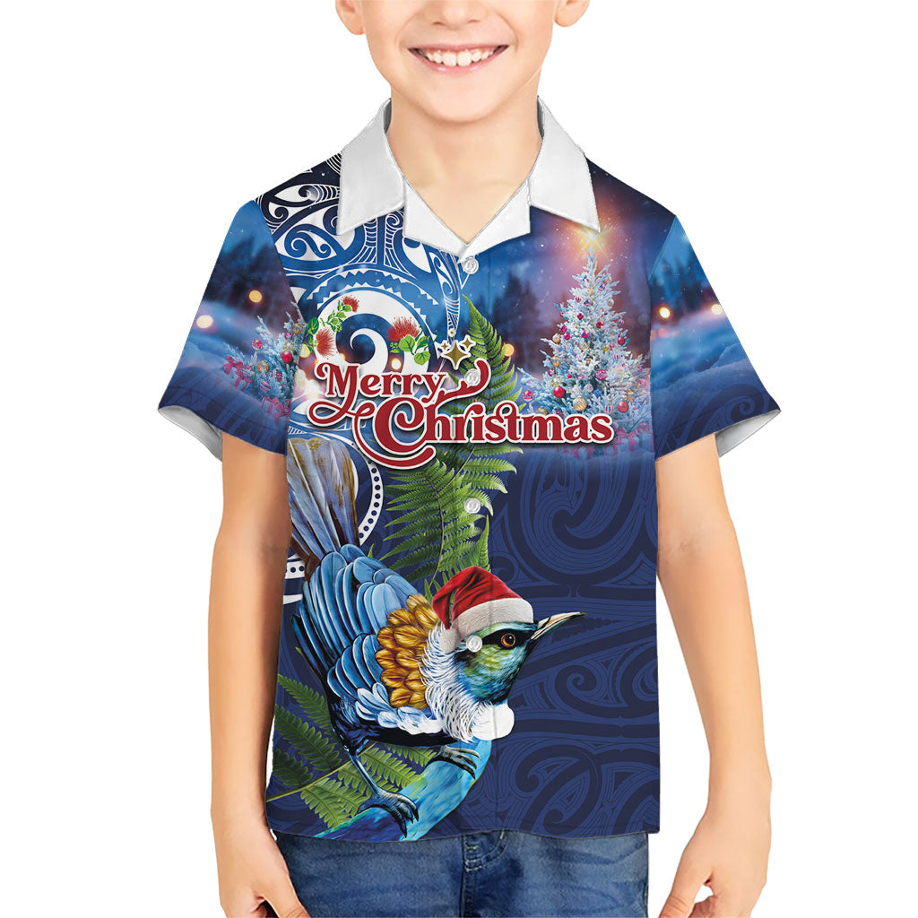 New Zealand Merry Christmas Family Matching Summer Maxi Dress and Hawaiian Shirt Maori Tribal Pattern with Xmas Tui Bird LT03 Son's Shirt Multicolor - Polynesian Pride