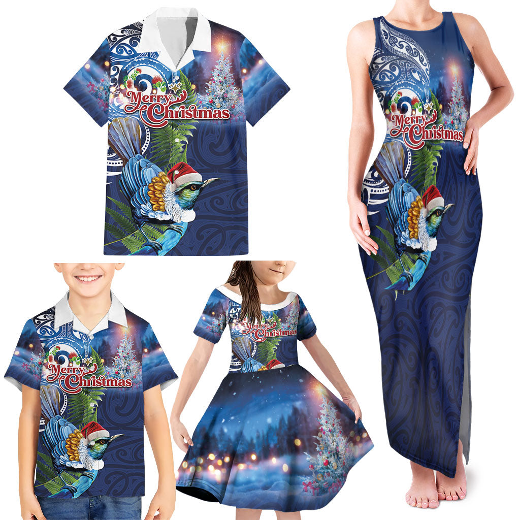 New Zealand Merry Christmas Family Matching Tank Maxi Dress and Hawaiian Shirt Maori Tribal Pattern with Xmas Tui Bird