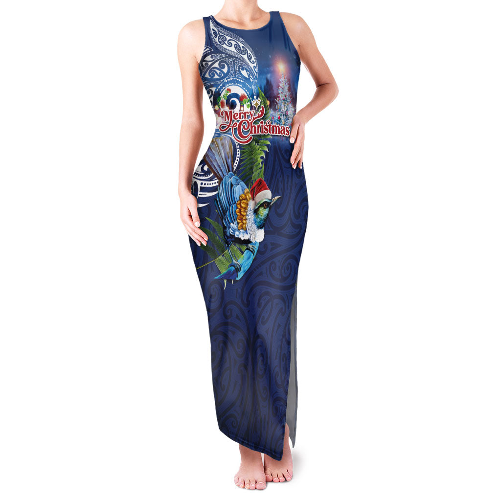 New Zealand Merry Christmas Family Matching Tank Maxi Dress and Hawaiian Shirt Maori Tribal Pattern with Xmas Tui Bird LT03 Mom's Dress Multicolor - Polynesian Pride