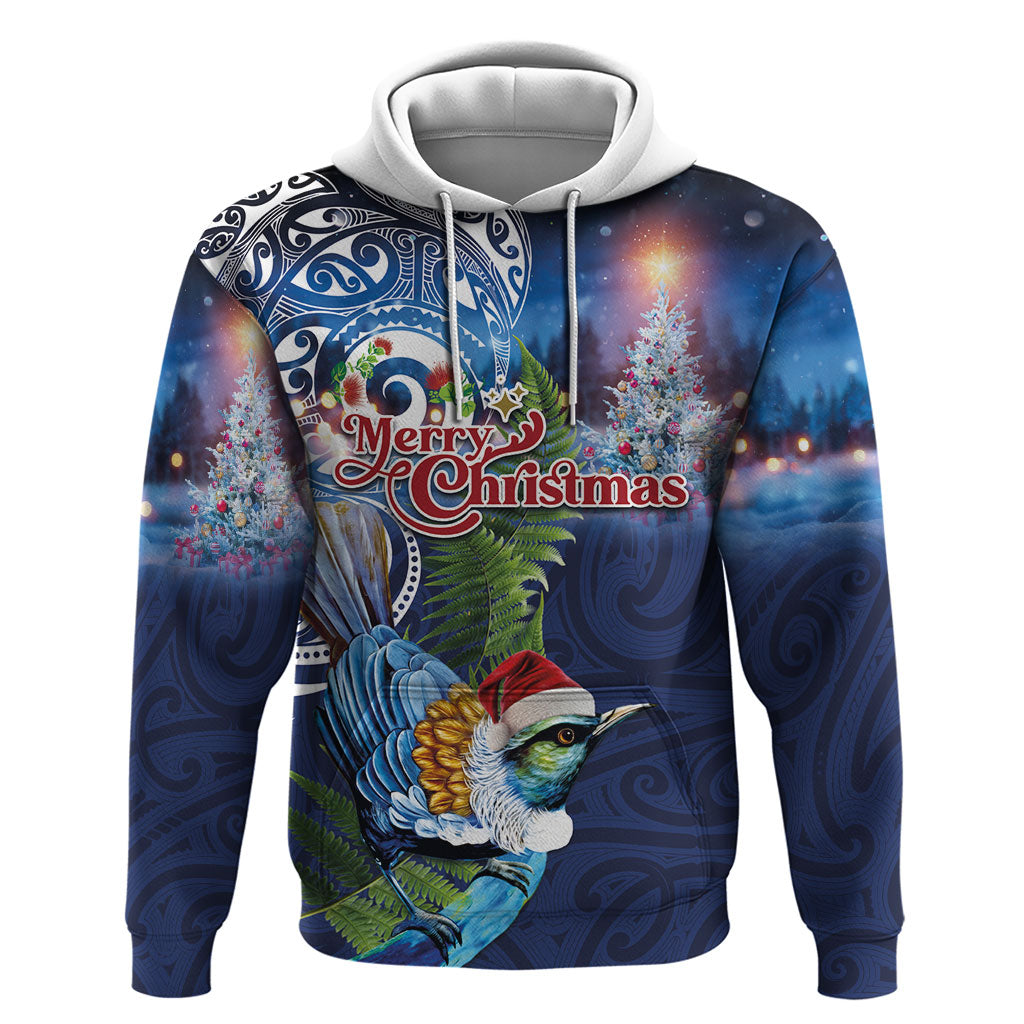 New Zealand Merry Christmas Hoodie Maori Tribal Pattern with Xmas Tui Bird