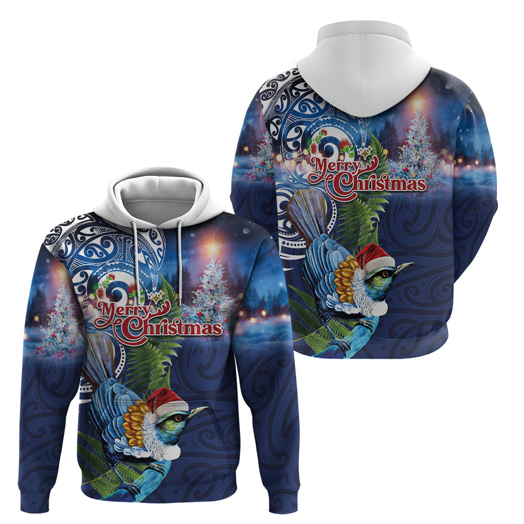 New Zealand Merry Christmas Hoodie Maori Tribal Pattern with Xmas Tui Bird