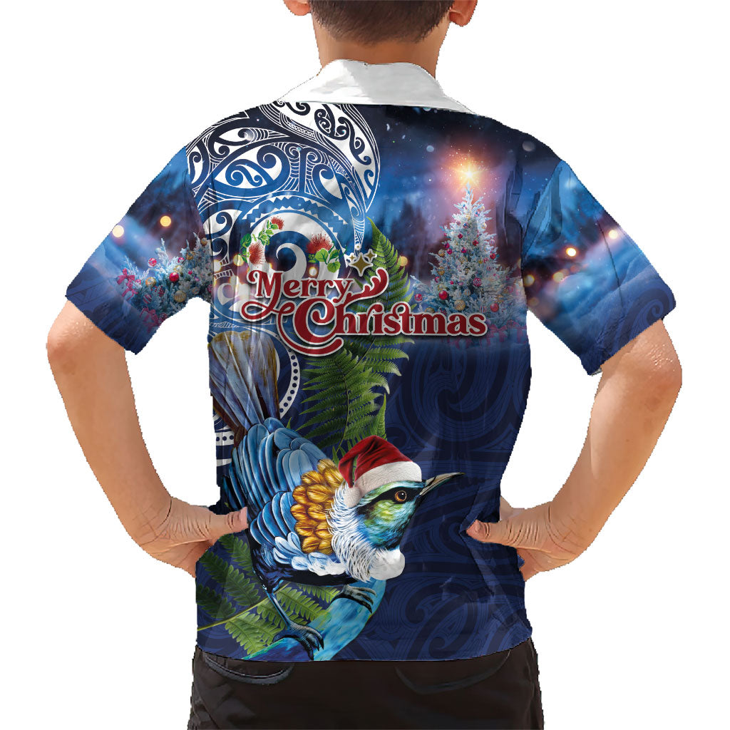 New Zealand Merry Christmas Kid Hawaiian Shirt Maori Tribal Pattern with Xmas Tui Bird