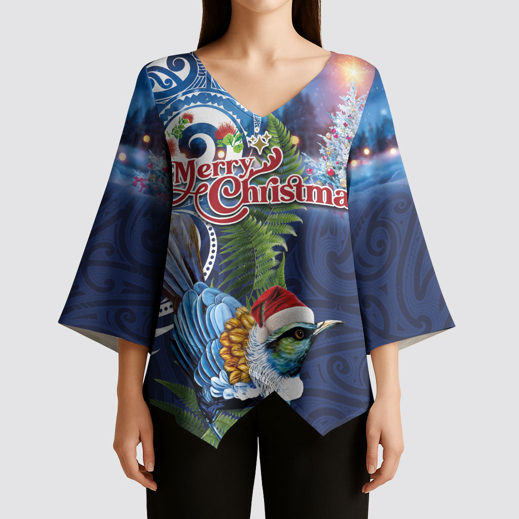 New Zealand Merry Christmas Kimono Sleeve Blouse Maori Tribal Pattern with Xmas Tui Bird
