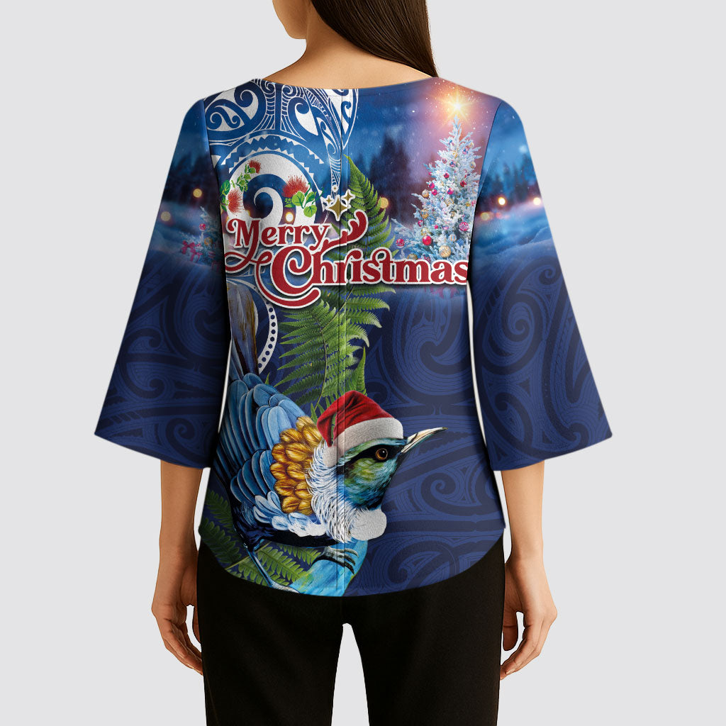 New Zealand Merry Christmas Kimono Sleeve Blouse Maori Tribal Pattern with Xmas Tui Bird