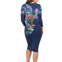 New Zealand Merry Christmas Long Sleeve Bodycon Dress Maori Tribal Pattern with Xmas Tui Bird LT03 - Polynesian Pride