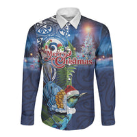 New Zealand Merry Christmas Long Sleeve Button Shirt Maori Tribal Pattern with Xmas Tui Bird LT03 Unisex Multicolor - Polynesian Pride