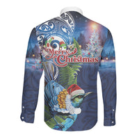 New Zealand Merry Christmas Long Sleeve Button Shirt Maori Tribal Pattern with Xmas Tui Bird LT03 - Polynesian Pride