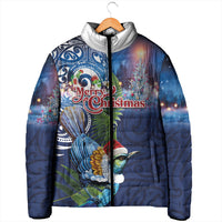 New Zealand Merry Christmas Padded Jacket Maori Tribal Pattern with Xmas Tui Bird