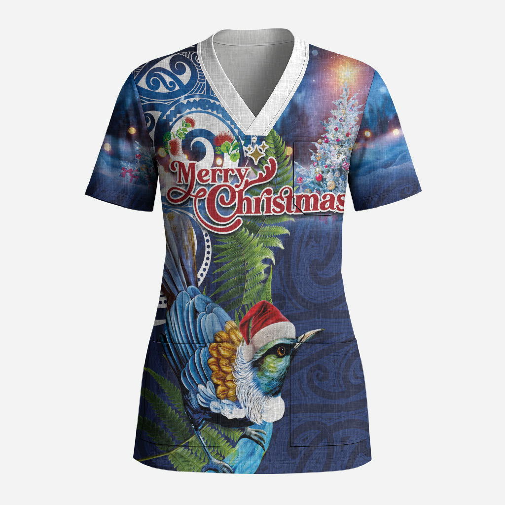 New Zealand Merry Christmas Scrub Top Maori Tribal Pattern with Xmas Tui Bird