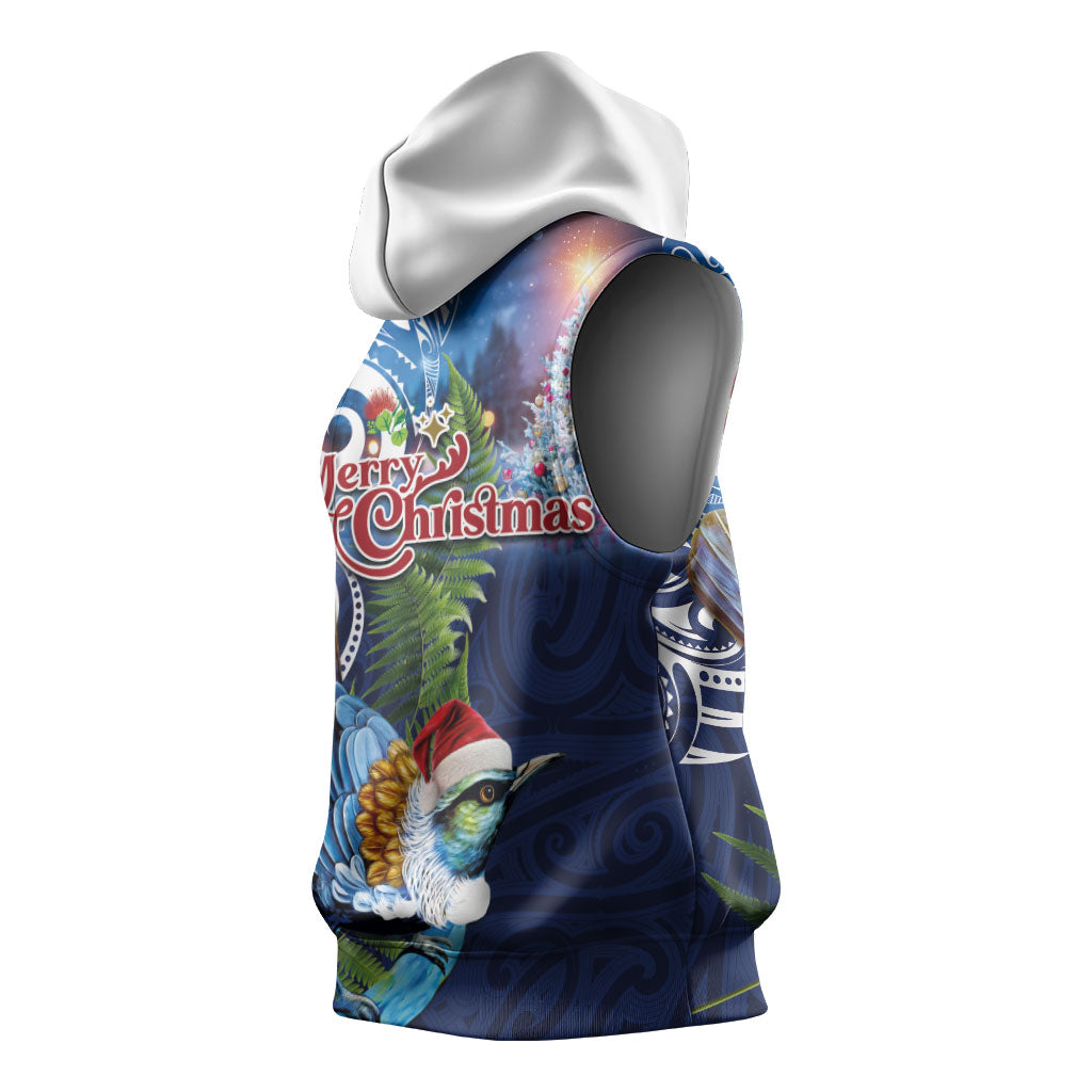 New Zealand Merry Christmas Sleeveless Hoodie Maori Tribal Pattern with Xmas Tui Bird LT03 - Polynesian Pride
