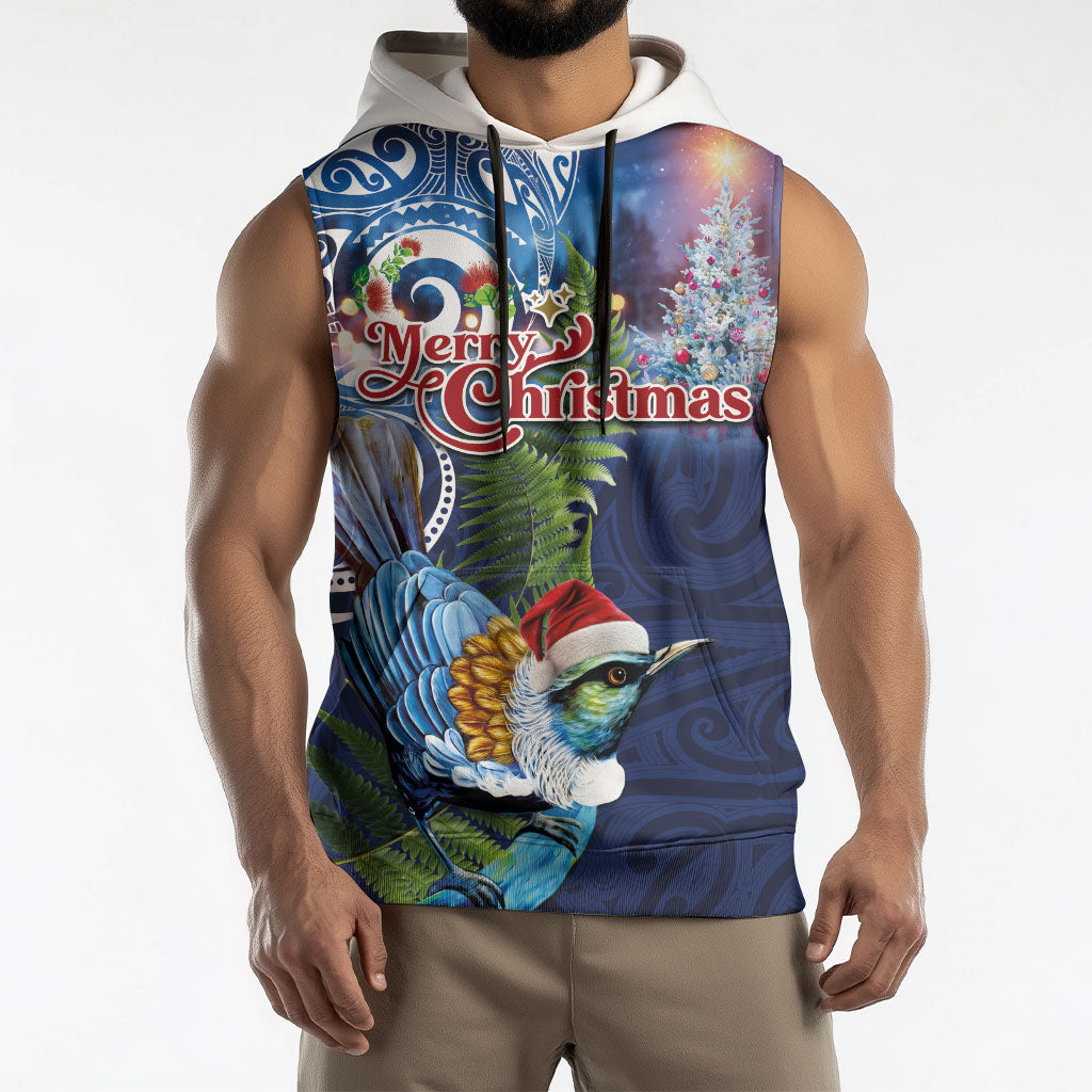 New Zealand Merry Christmas Sleeveless Hoodie Maori Tribal Pattern with Xmas Tui Bird LT03 - Polynesian Pride