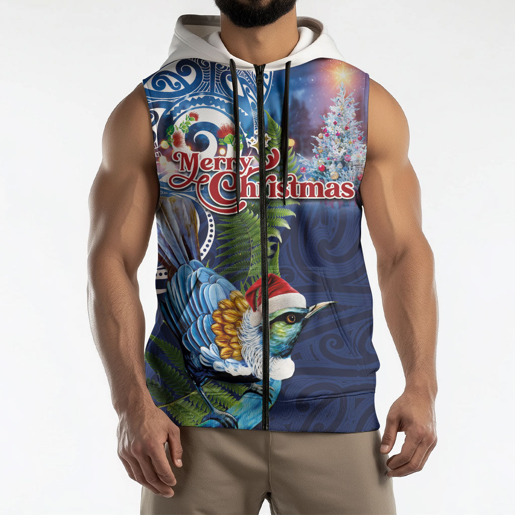 New Zealand Merry Christmas Sleeveless Zip Hoodie Maori Tribal Pattern with Xmas Tui Bird LT03 - Polynesian Pride