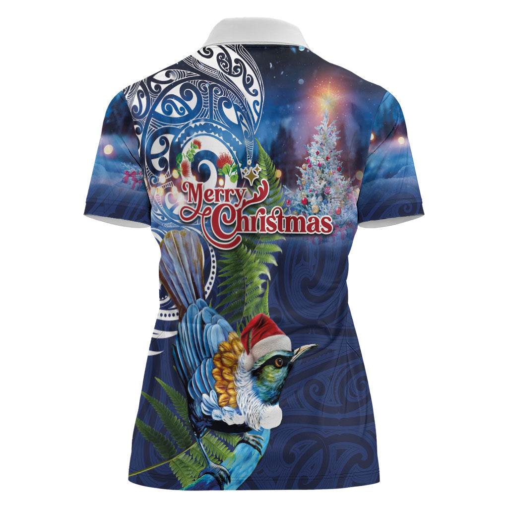 New Zealand Merry Christmas Women Polo Shirt Maori Tribal Pattern with Xmas Tui Bird LT03 - Polynesian Pride