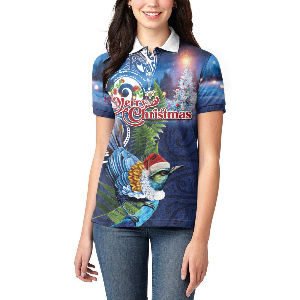 New Zealand Merry Christmas Women Polo Shirt Maori Tribal Pattern with Xmas Tui Bird LT03 - Polynesian Pride