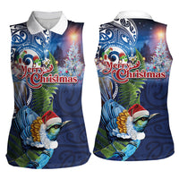 New Zealand Merry Christmas Women Sleeveless Polo Shirt Maori Tribal Pattern with Xmas Tui Bird LT03 - Polynesian Pride