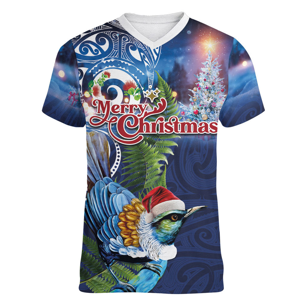 New Zealand Merry Christmas Women V-Neck T-Shirt Maori Tribal Pattern with Xmas Tui Bird LT03 Female Multicolor - Polynesian Pride