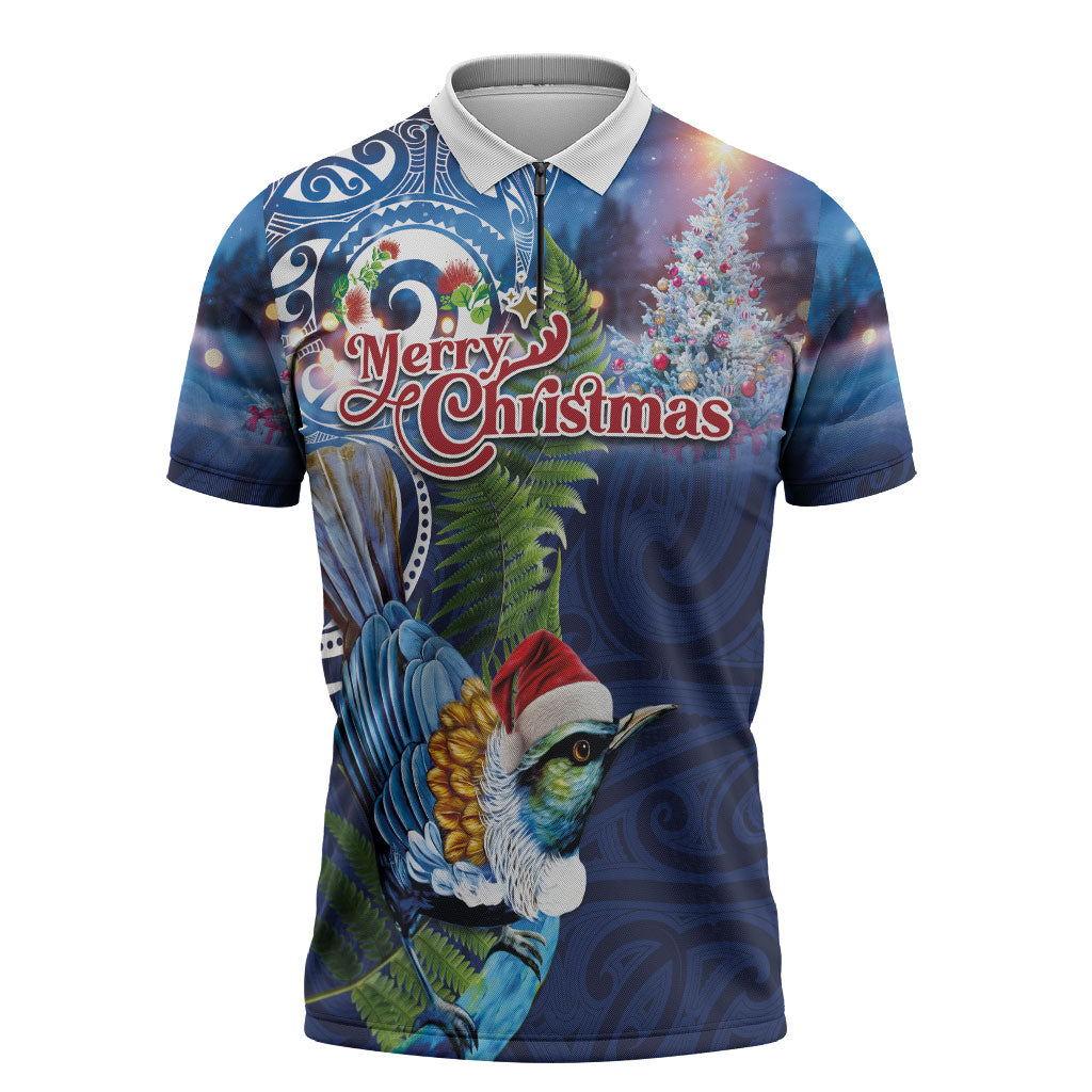 New Zealand Merry Christmas Zipper Polo Shirt Maori Tribal Pattern with Xmas Tui Bird