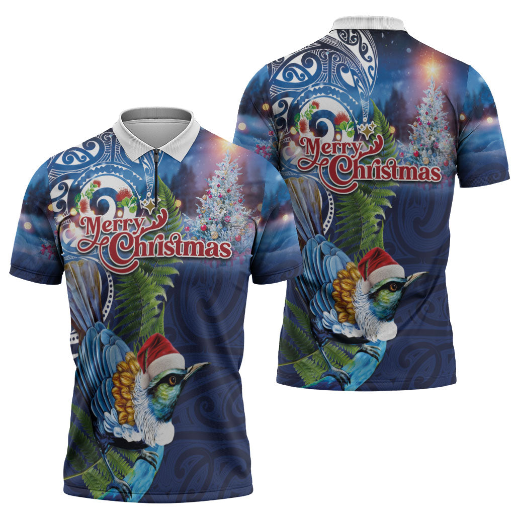 New Zealand Merry Christmas Zipper Polo Shirt Maori Tribal Pattern with Xmas Tui Bird LT03 - Polynesian Pride