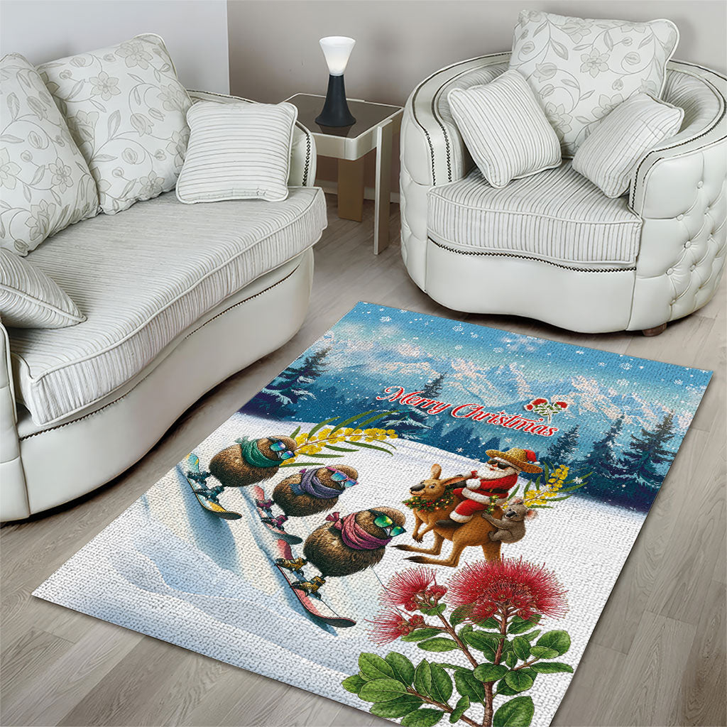New Zealand and Australia Merry Christmas Area Rug Kiwi Birds Skiing and Koala Santa Riding Kangaroo LT03 - Polynesian Pride
