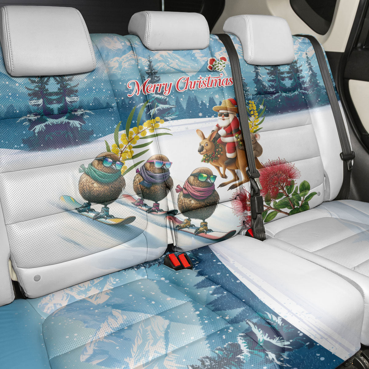 New Zealand and Australia Merry Christmas Back Car Seat Cover Kiwi Birds Skiing and Koala Santa Riding Kangaroo LT03 - Polynesian Pride