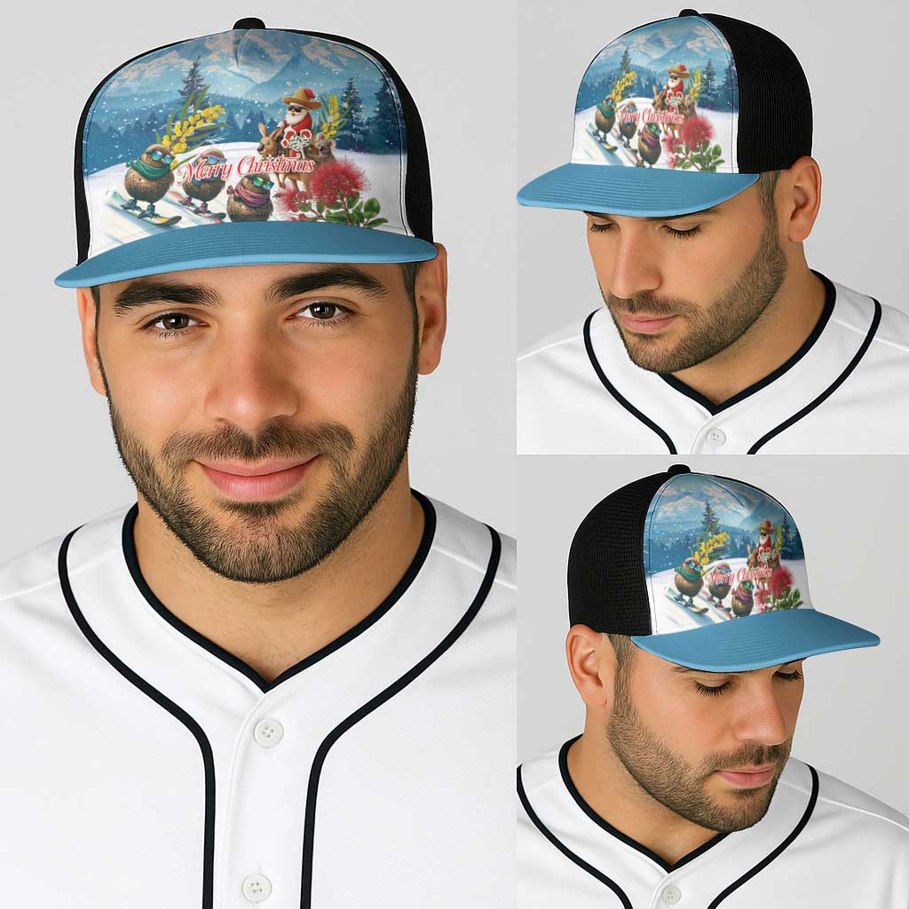 New Zealand and Australia Merry Christmas Baseball Net Cap Kiwi Birds Skiing and Santa Riding Kangaroo with Koala