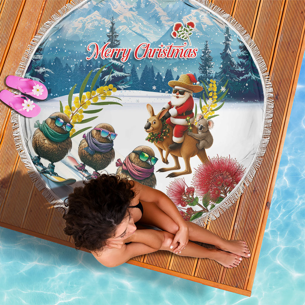 New Zealand and Australia Merry Christmas Beach Blanket Kiwi Birds Skiing and Koala Santa Riding Kangaroo