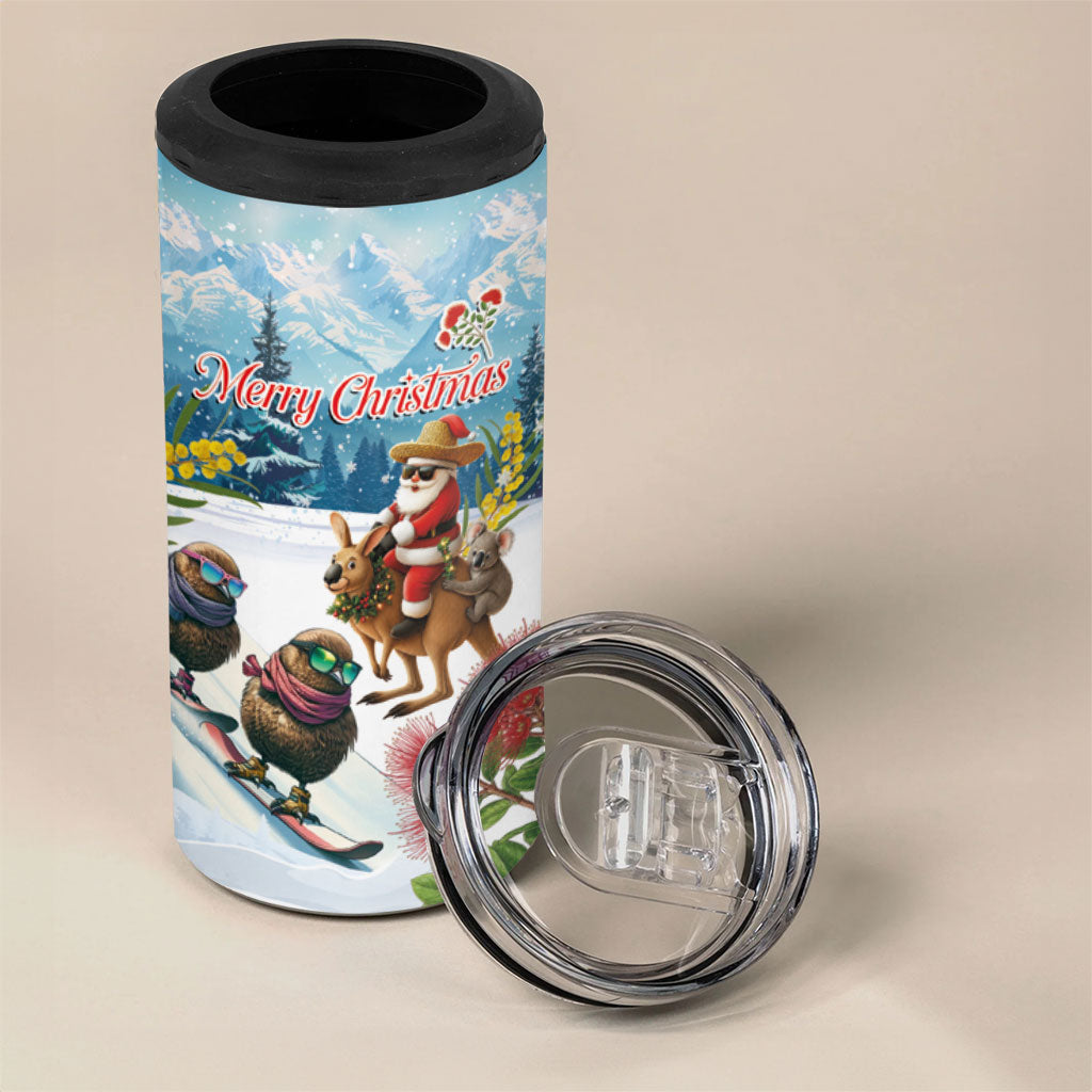 New Zealand and Australia Merry Christmas 4 in 1 Can Cooler Tumbler Kiwi Birds Skiing and Koala Santa Riding Kangaroo LT03 - Polynesian Pride