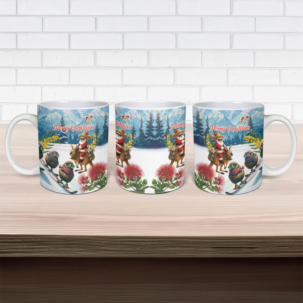 New Zealand and Australia Merry Christmas Ceramic Mug Kiwi Birds Skiing and Koala Santa Riding Kangaroo
