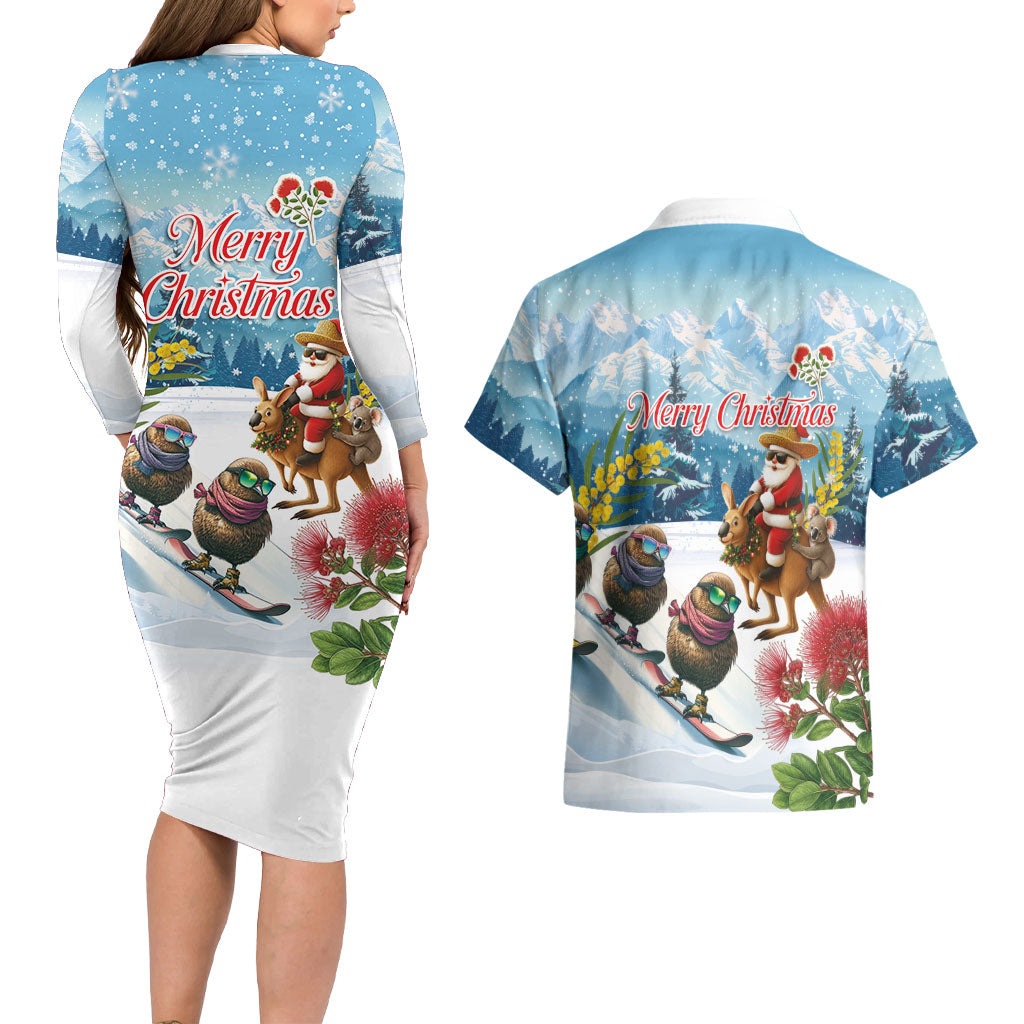 New Zealand and Australia Merry Christmas Couples Matching Long Sleeve Bodycon Dress and Hawaiian Shirt Kiwi Birds Skiing and Koala Santa Riding Kangaroo LT03 - Polynesian Pride