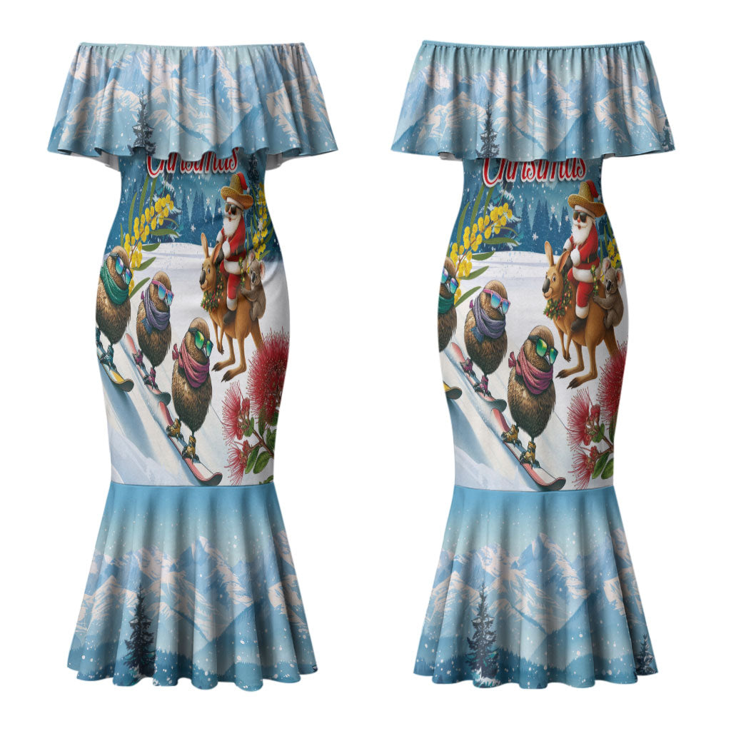 New Zealand and Australia Merry Christmas Couples Matching Mermaid Dress and Hawaiian Shirt Kiwi Birds Skiing and Koala Santa Riding Kangaroo LT03 - Polynesian Pride