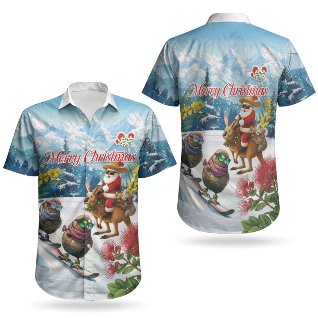 New Zealand and Australia Merry Christmas Couples Matching Off Shoulder Short Dress and Hawaiian Shirt Kiwi Birds Skiing and Koala Santa Riding Kangaroo LT03 - Polynesian Pride