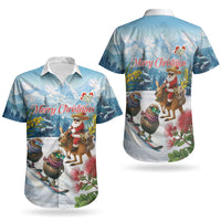 New Zealand and Australia Merry Christmas Couples Matching Off Shoulder Short Dress and Hawaiian Shirt Kiwi Birds Skiing and Koala Santa Riding Kangaroo LT03 - Polynesian Pride