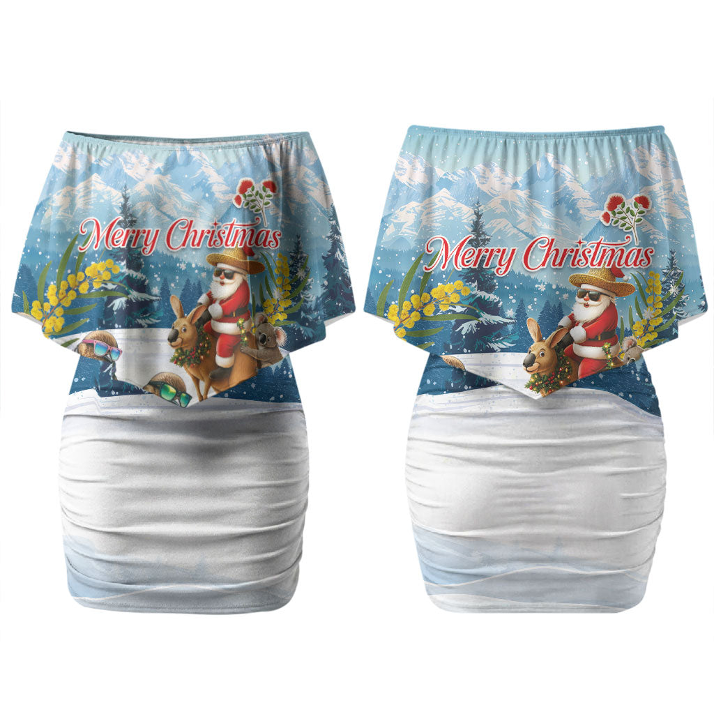 New Zealand and Australia Merry Christmas Couples Matching Off Shoulder Short Dress and Long Sleeve Button Shirt Kiwi Birds Skiing and Koala Santa Riding Kangaroo LT03 - Polynesian Pride
