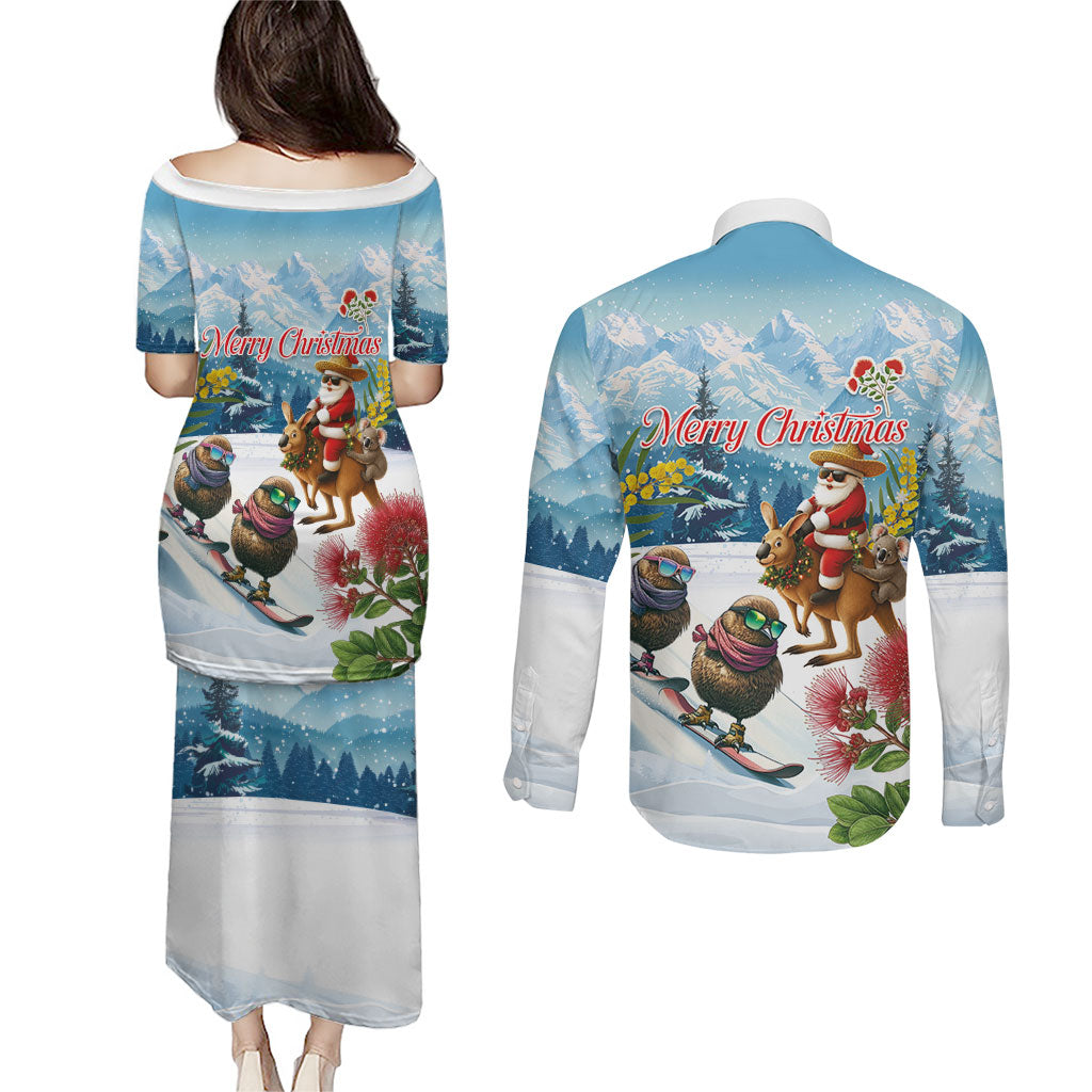 New Zealand and Australia Merry Christmas Couples Matching Puletasi and Long Sleeve Button Shirt Kiwi Birds Skiing and Koala Santa Riding Kangaroo LT03 - Polynesian Pride