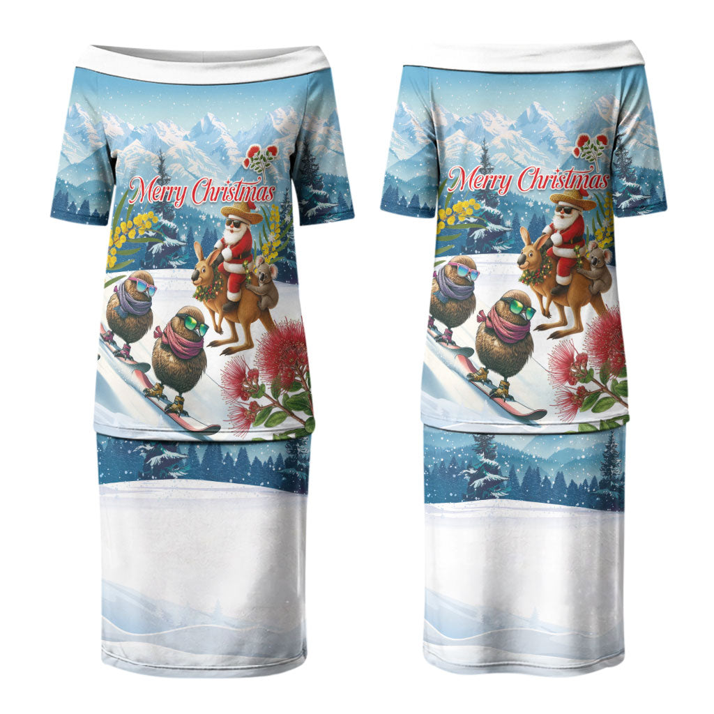 New Zealand and Australia Merry Christmas Couples Matching Puletasi and Long Sleeve Button Shirt Kiwi Birds Skiing and Koala Santa Riding Kangaroo LT03 - Polynesian Pride