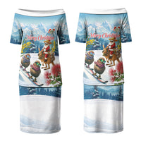 New Zealand and Australia Merry Christmas Couples Matching Puletasi and Long Sleeve Button Shirt Kiwi Birds Skiing and Koala Santa Riding Kangaroo LT03 - Polynesian Pride