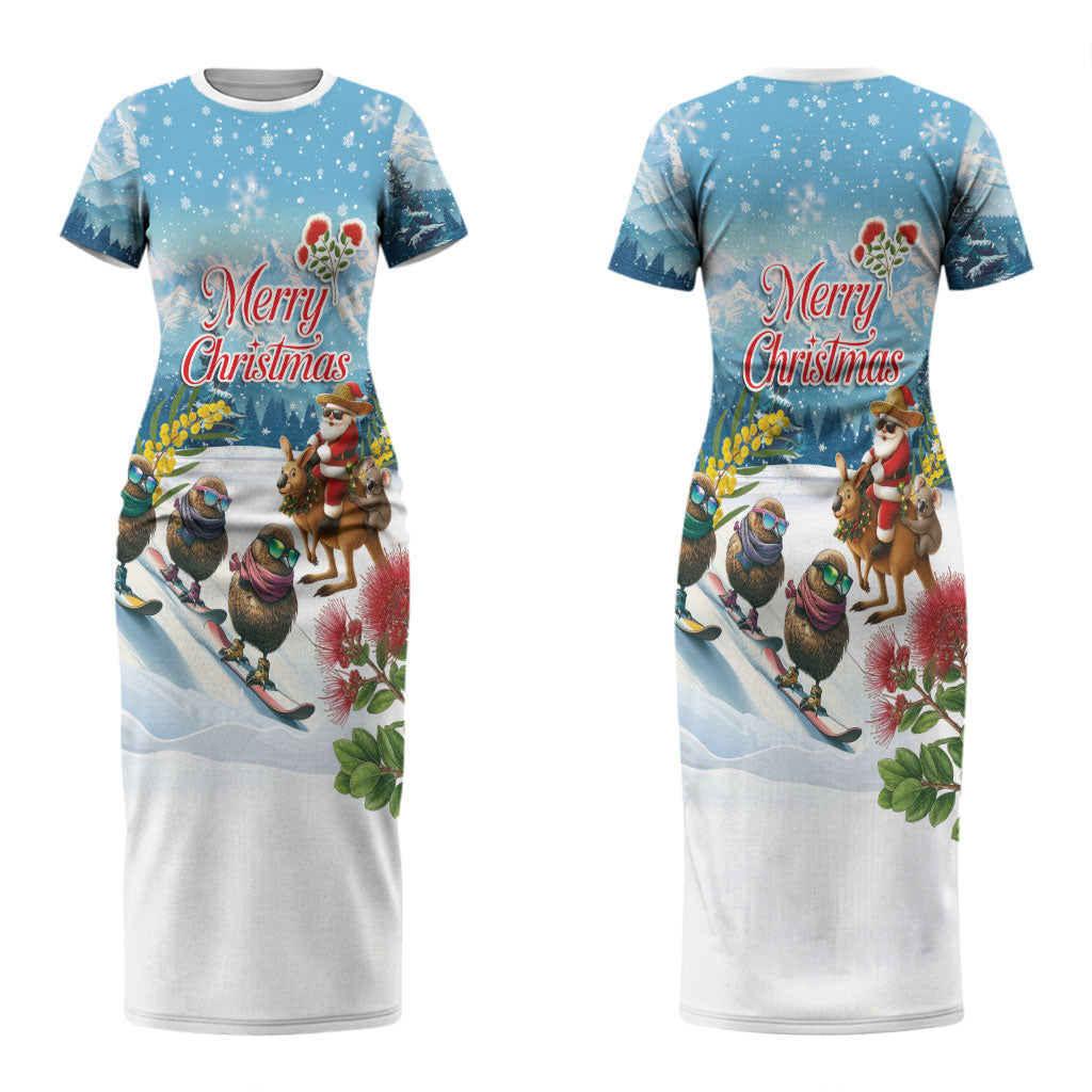 New Zealand and Australia Merry Christmas Couples Matching Short Sleeve Bodycon Dress and Hawaiian Shirt Kiwi Birds Skiing and Koala Santa Riding Kangaroo LT03 - Polynesian Pride