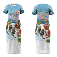 New Zealand and Australia Merry Christmas Couples Matching Short Sleeve Bodycon Dress and Long Sleeve Button Shirt Kiwi Birds Skiing and Koala Santa Riding Kangaroo LT03 - Polynesian Pride