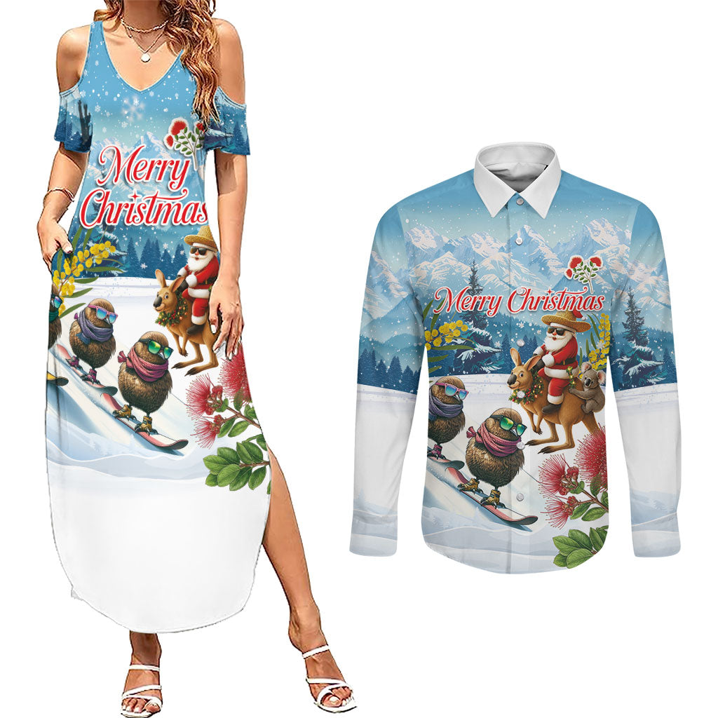 New Zealand and Australia Merry Christmas Couples Matching Summer Maxi Dress and Long Sleeve Button Shirt Kiwi Birds Skiing and Koala Santa Riding Kangaroo LT03 Multicolor - Polynesian Pride
