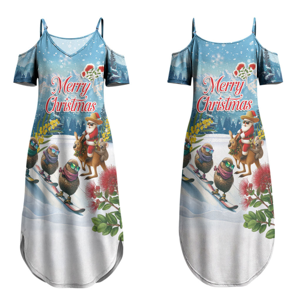 New Zealand and Australia Merry Christmas Couples Matching Summer Maxi Dress and Long Sleeve Button Shirt Kiwi Birds Skiing and Koala Santa Riding Kangaroo LT03 - Polynesian Pride