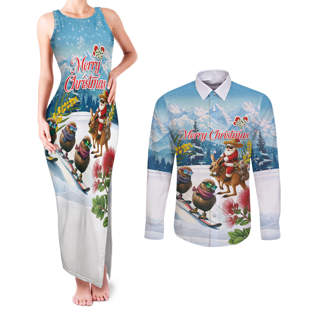 New Zealand and Australia Merry Christmas Couples Matching Tank Maxi Dress and Long Sleeve Button Shirt Kiwi Birds Skiing and Koala Santa Riding Kangaroo LT03 Multicolor - Polynesian Pride