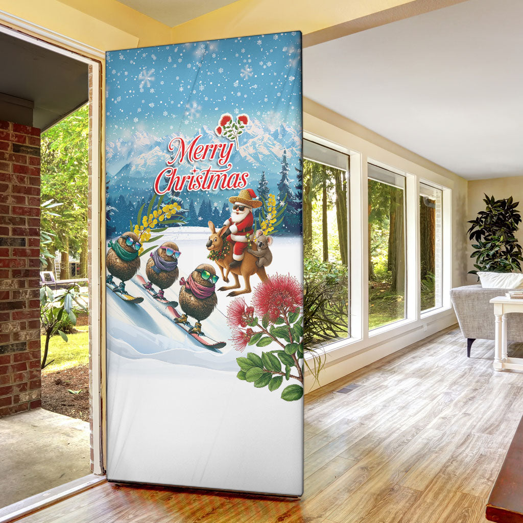 New Zealand and Australia Merry Christmas Door Cover Kiwi Birds Skiing and Koala Santa Riding Kangaroo LT03 - Polynesian Pride
