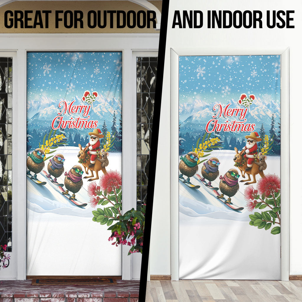 New Zealand and Australia Merry Christmas Door Cover Kiwi Birds Skiing and Koala Santa Riding Kangaroo LT03 - Polynesian Pride