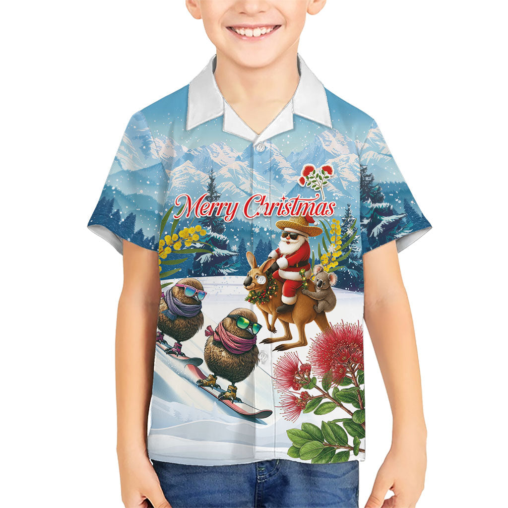 New Zealand and Australia Merry Christmas Family Matching Long Sleeve Bodycon Dress and Hawaiian Shirt Kiwi Birds Skiing and Koala Santa Riding Kangaroo LT03 Son's Shirt Multicolor - Polynesian Pride