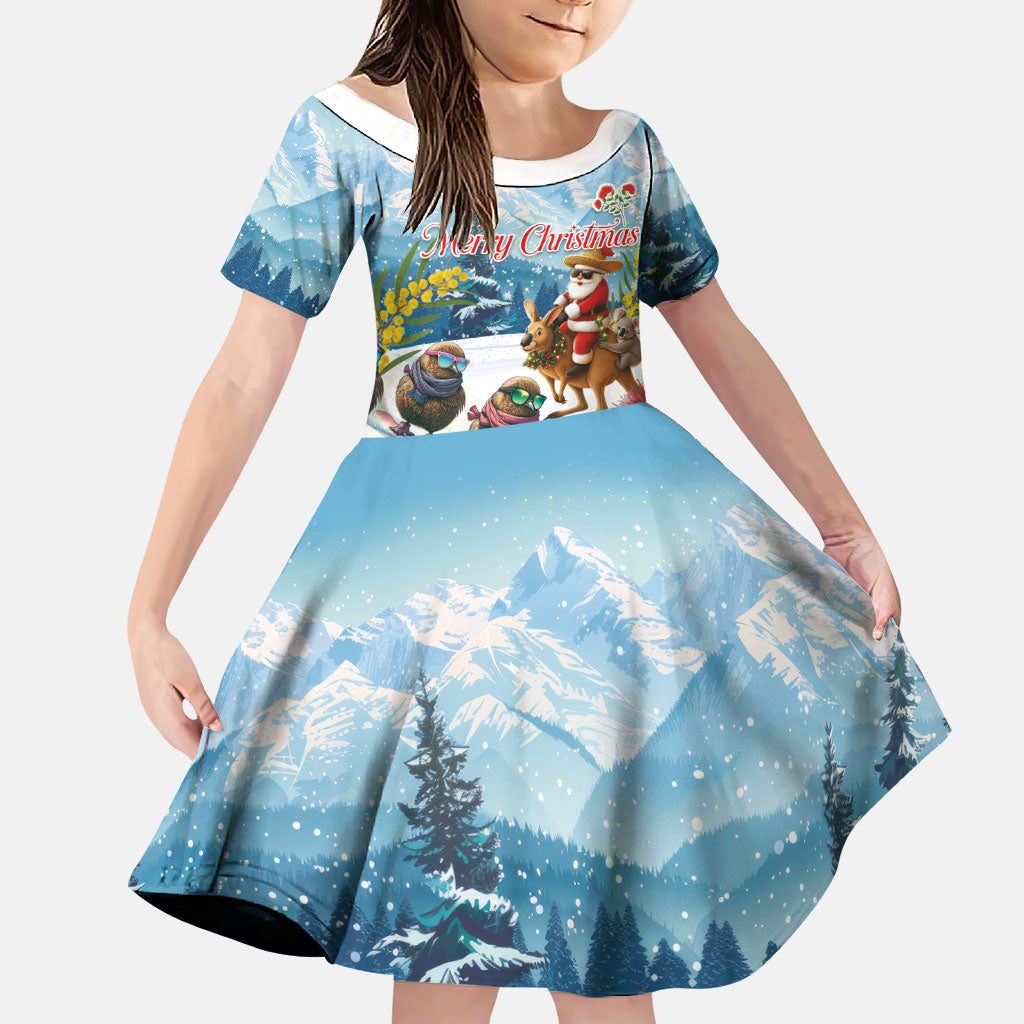 New Zealand and Australia Merry Christmas Family Matching Off The Shoulder Long Sleeve Dress and Hawaiian Shirt Kiwi Birds Skiing and Koala Santa Riding Kangaroo LT03 Daughter's Dress Multicolor - Polynesian Pride