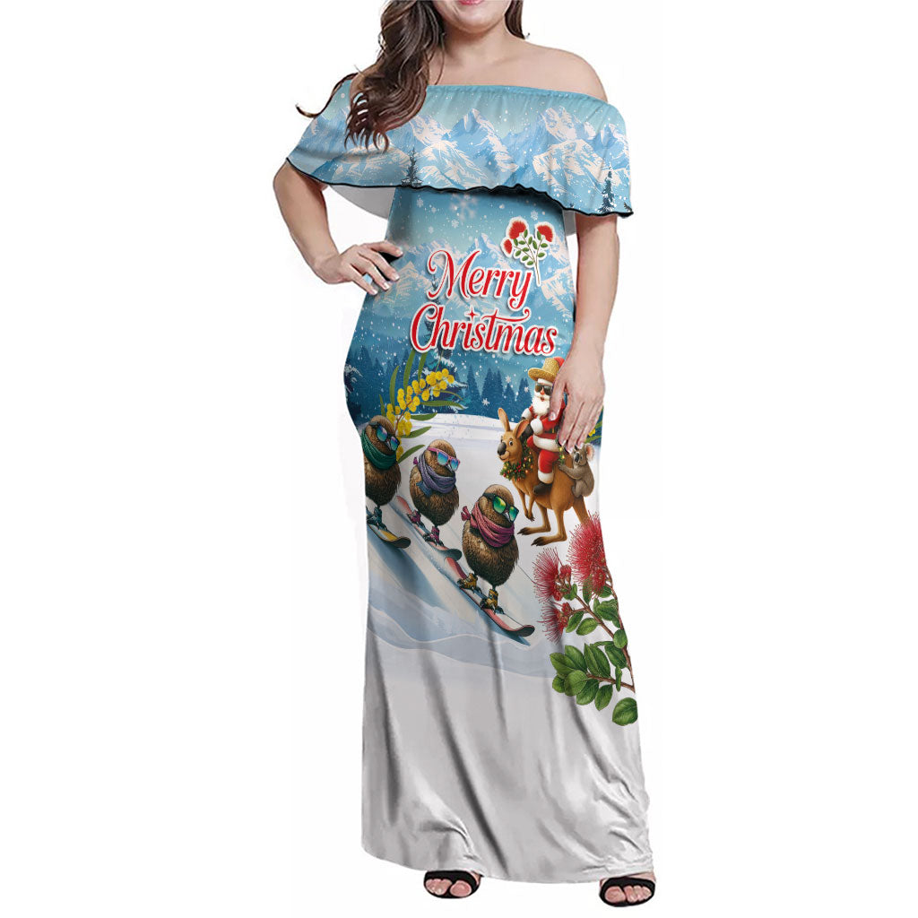 New Zealand and Australia Merry Christmas Family Matching Off Shoulder Maxi Dress and Hawaiian Shirt Kiwi Birds Skiing and Koala Santa Riding Kangaroo LT03 Mom's Dress Multicolor - Polynesian Pride