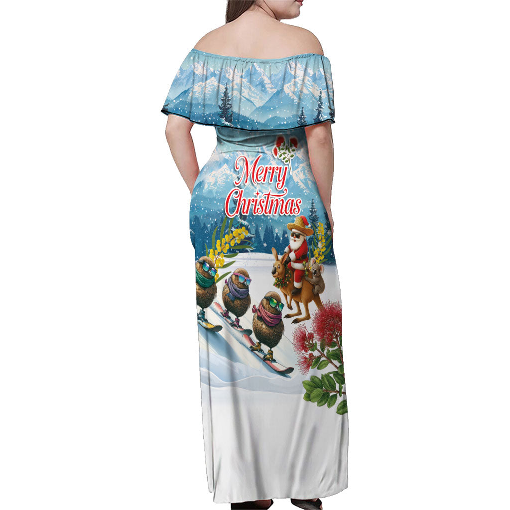 New Zealand and Australia Merry Christmas Family Matching Off Shoulder Maxi Dress and Hawaiian Shirt Kiwi Birds Skiing and Koala Santa Riding Kangaroo LT03 - Polynesian Pride