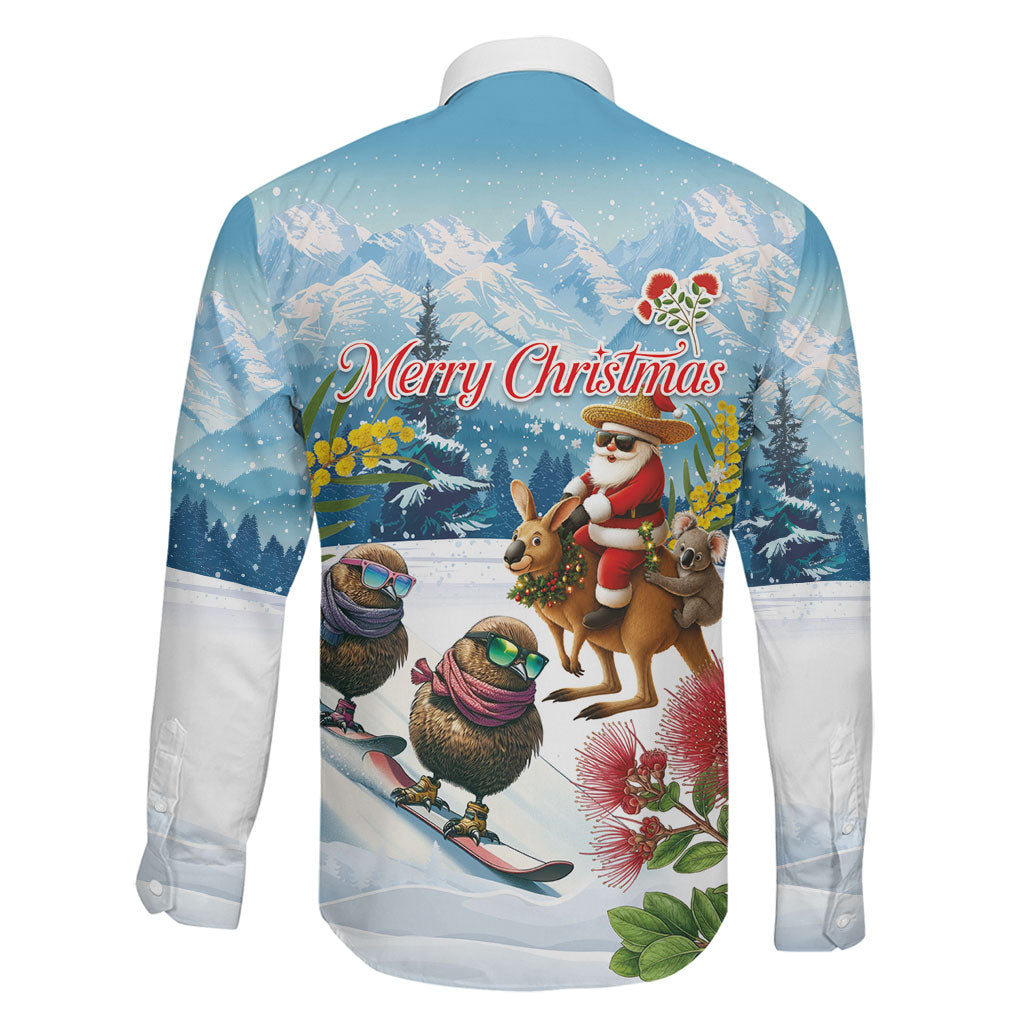 New Zealand and Australia Merry Christmas Family Matching Off Shoulder Short Dress and Hawaiian Shirt Kiwi Birds Skiing and Koala Santa Riding Kangaroo LT03 - Polynesian Pride