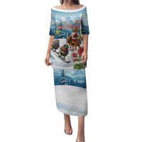 New Zealand and Australia Merry Christmas Family Matching Puletasi and Hawaiian Shirt Kiwi Birds Skiing and Koala Santa Riding Kangaroo LT03 Mom's Dress Multicolor - Polynesian Pride